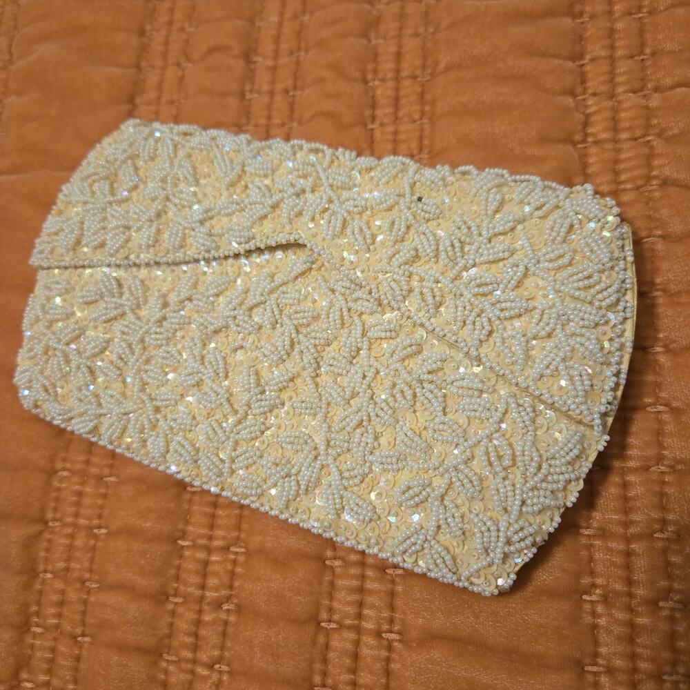 Vintage White Beaded and Silk Clutch